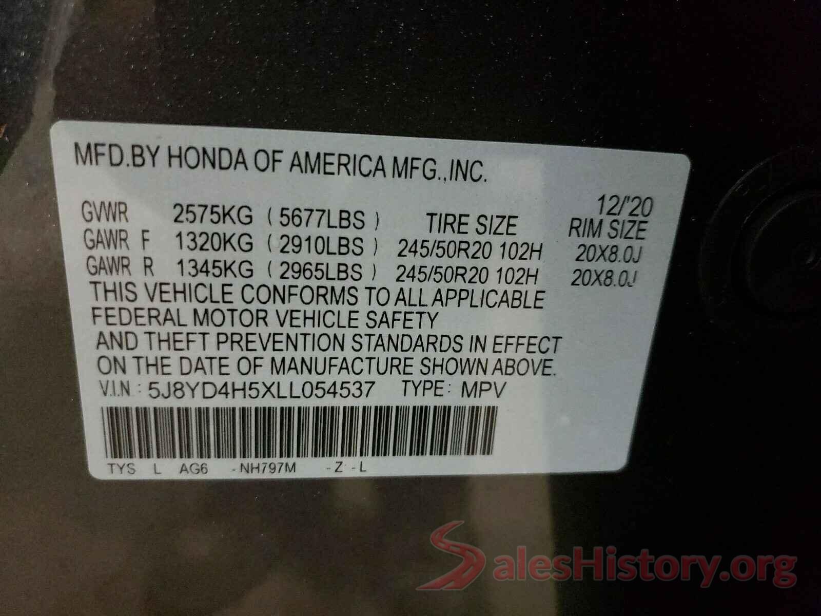 5J8YD4H5XLL054537 2020 ACURA MDX