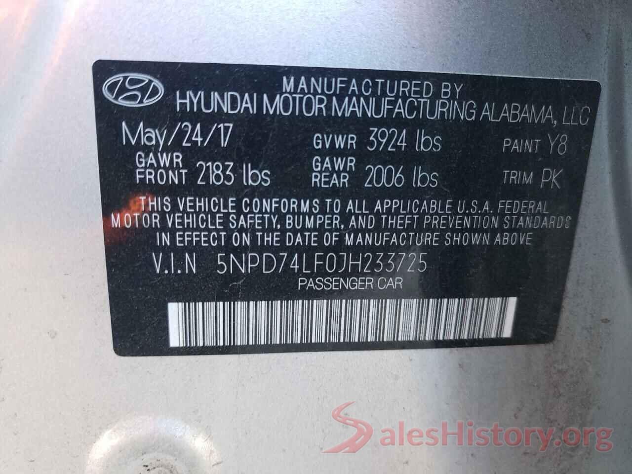 5NPD74LF0JH233725 2018 HYUNDAI ELANTRA