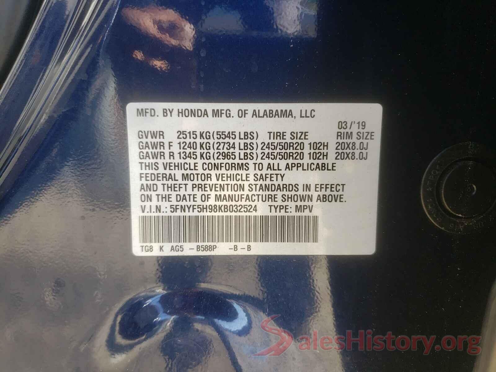 5FNYF5H98KB032524 2019 HONDA PILOT