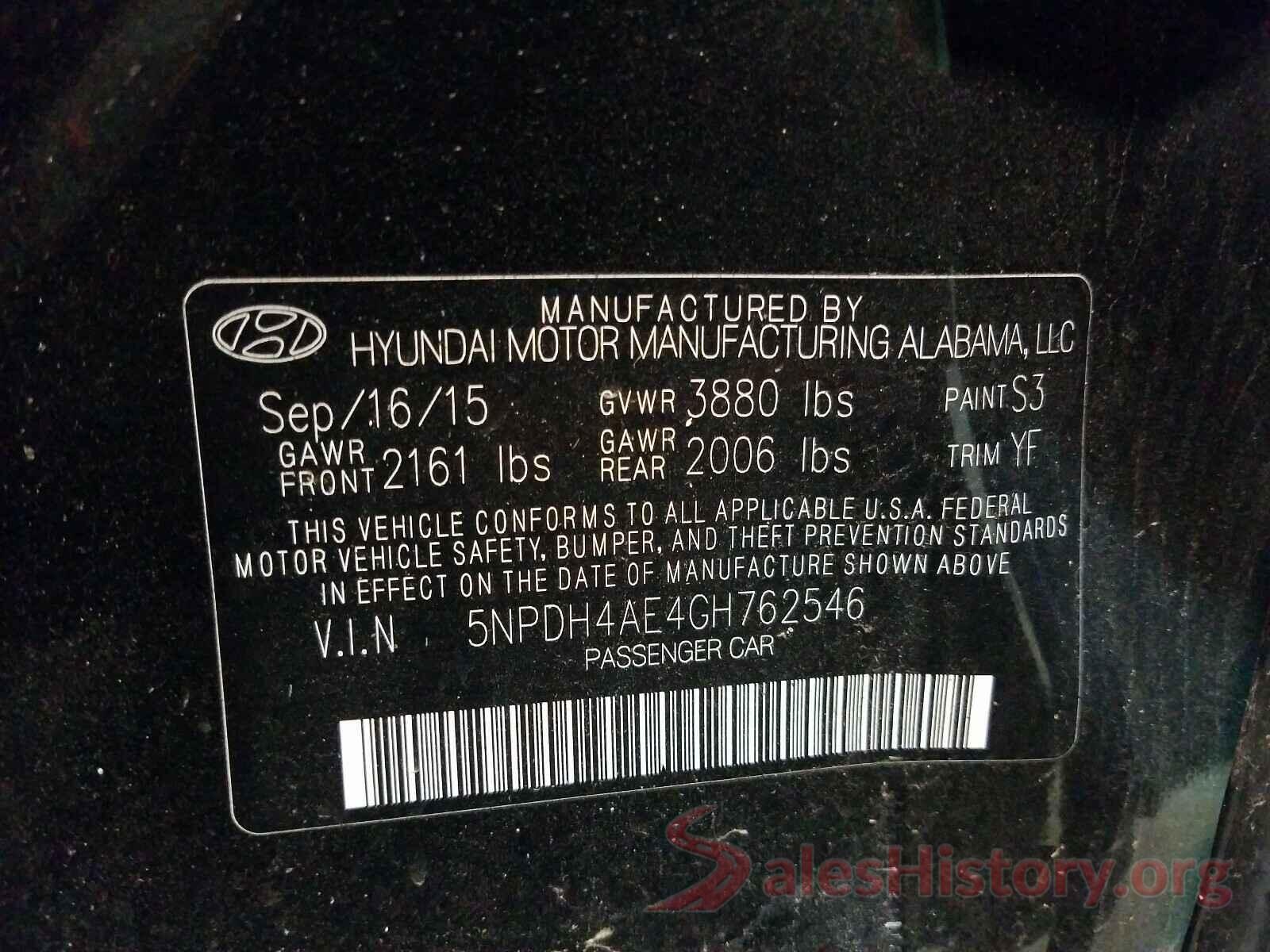 5NPDH4AE4GH762546 2016 HYUNDAI ELANTRA