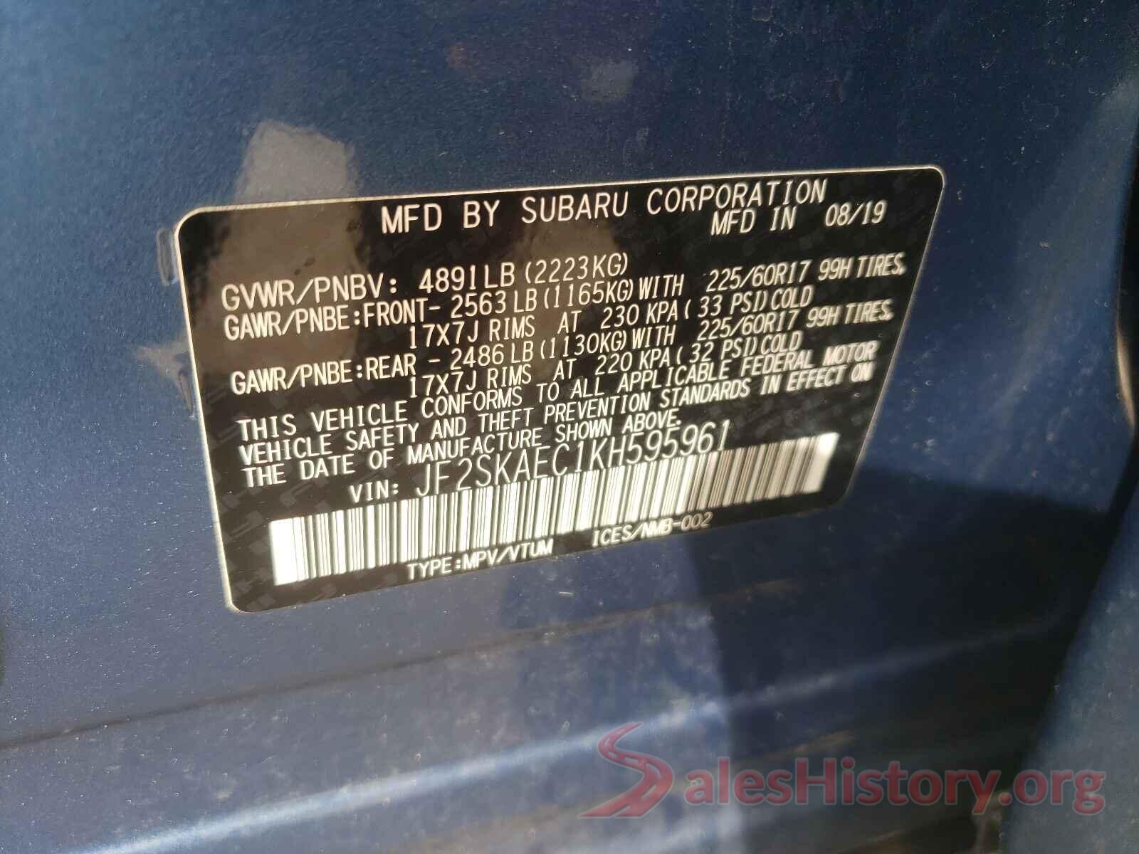 JF2SKAEC1KH595961 2019 SUBARU FORESTER