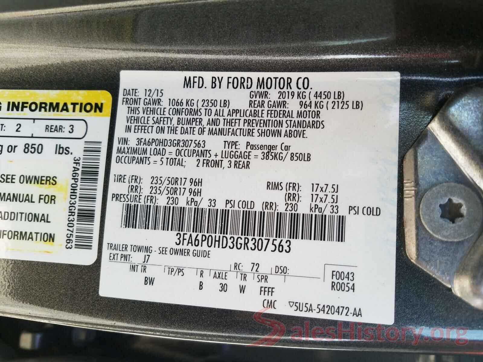 3FA6P0HD3GR307563 2016 FORD FUSION