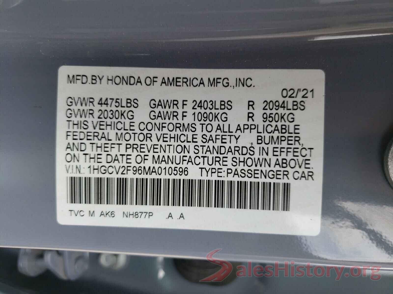 1HGCV2F96MA010596 2021 HONDA ACCORD