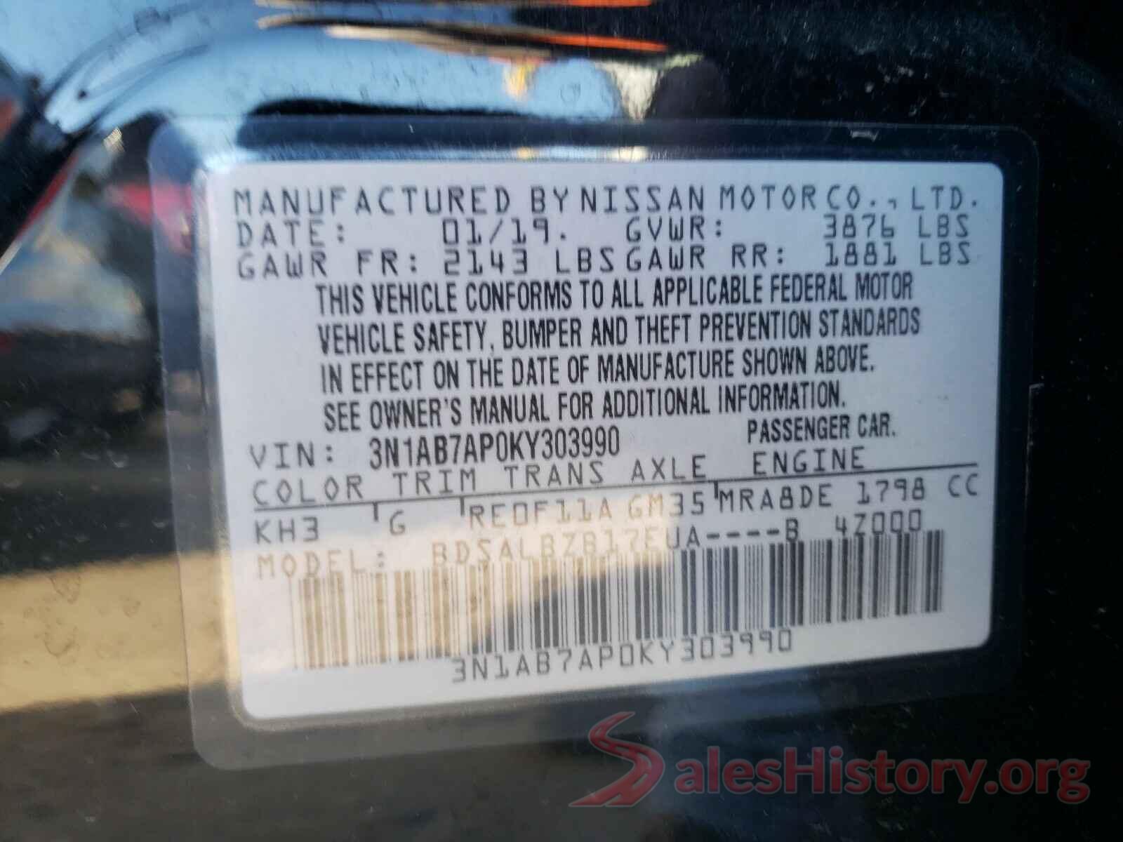 3N1AB7AP0KY303990 2019 NISSAN SENTRA