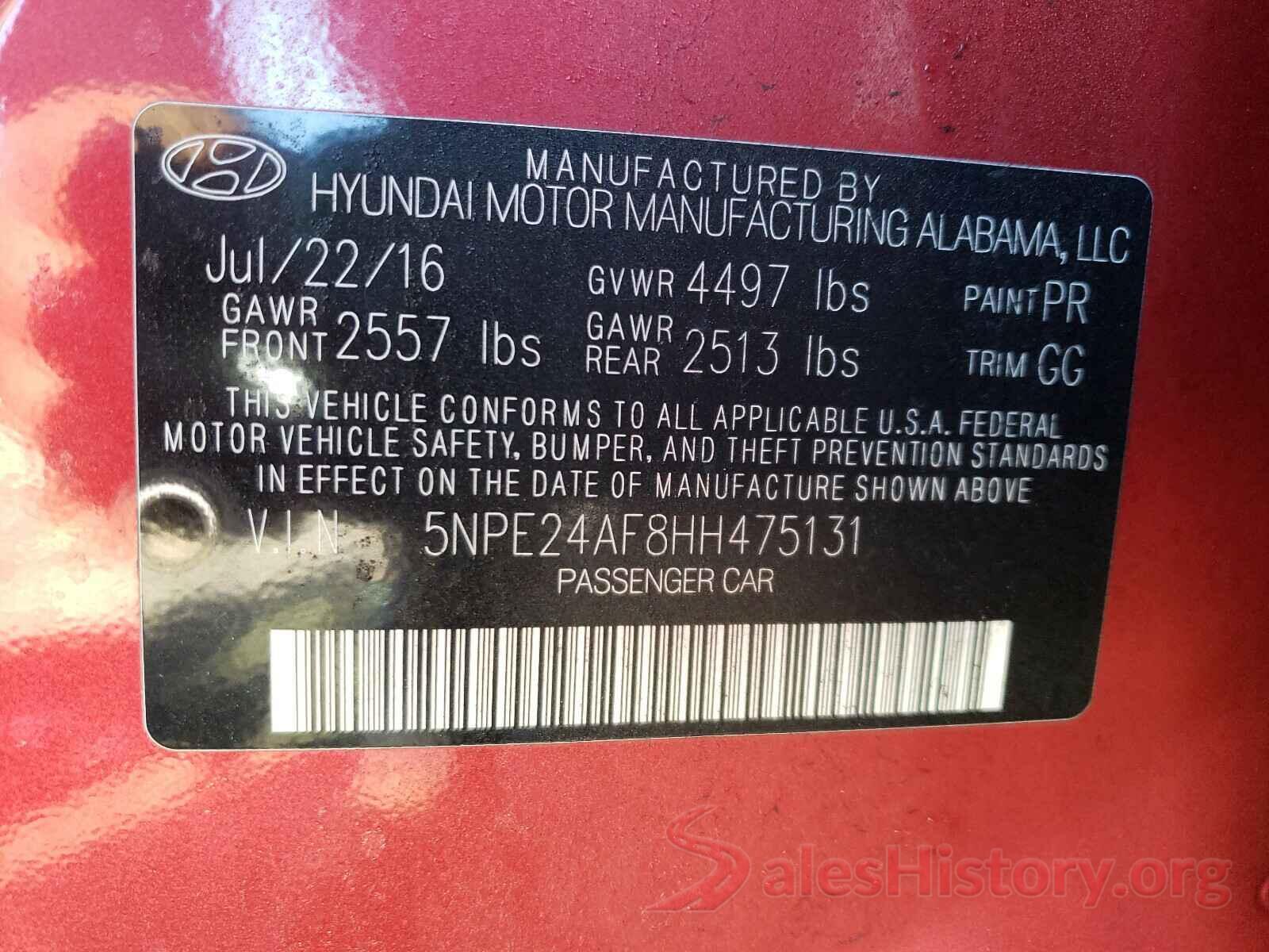 5NPE24AF8HH475131 2017 HYUNDAI SONATA