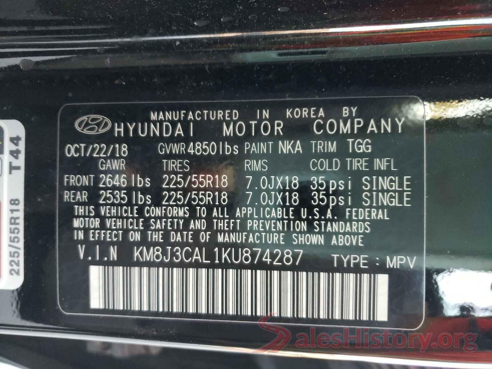 KM8J3CAL1KU874287 2019 HYUNDAI TUCSON