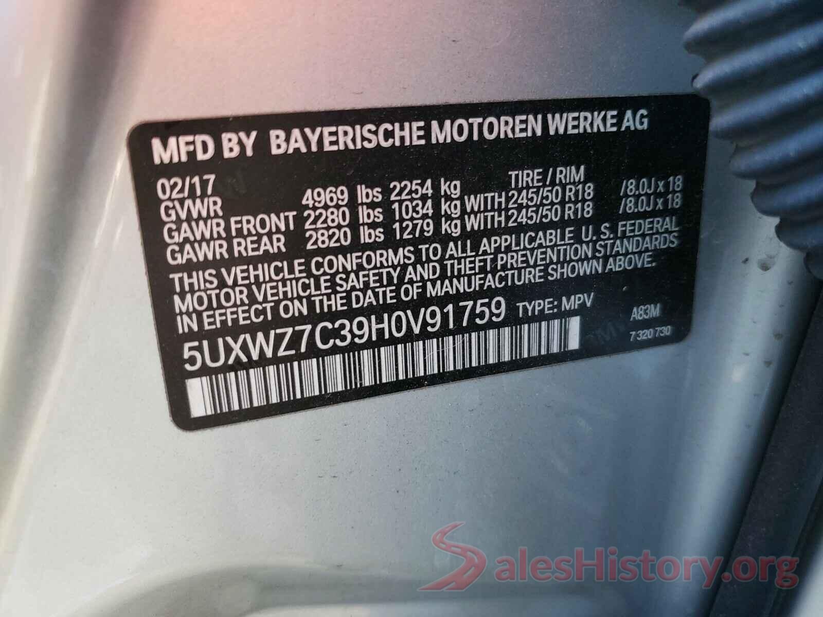 5UXWZ7C39H0V91759 2017 BMW X3