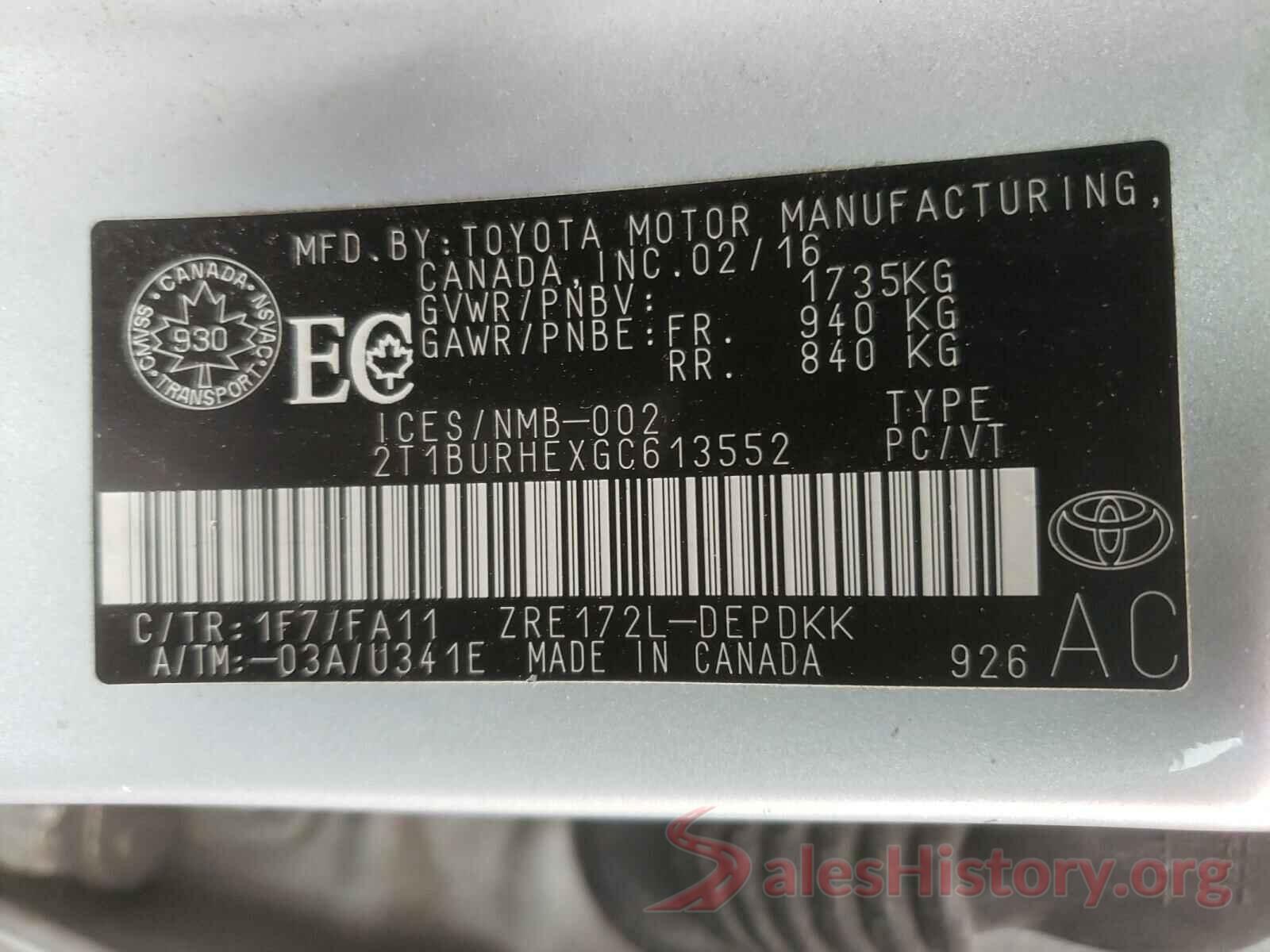 2T1BURHEXGC613552 2016 TOYOTA COROLLA