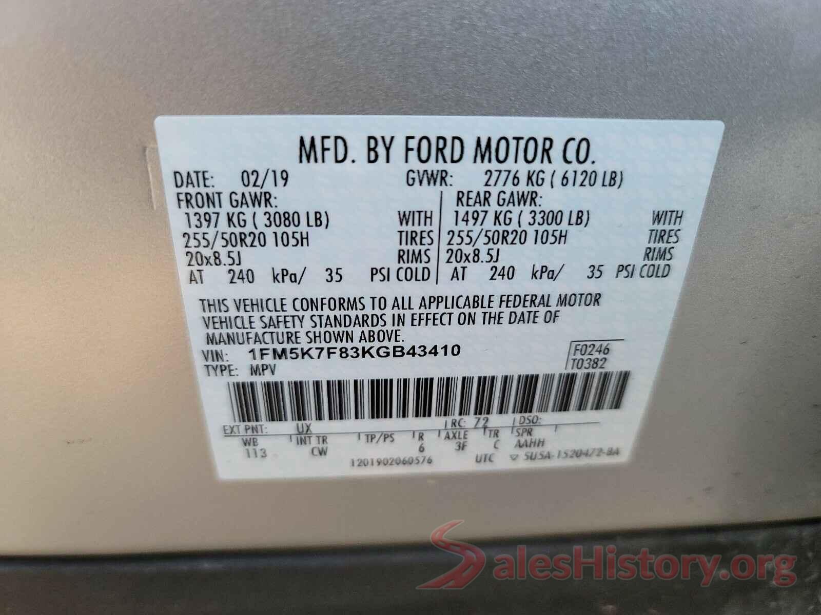 1FM5K7F83KGB43410 2019 FORD EXPLORER