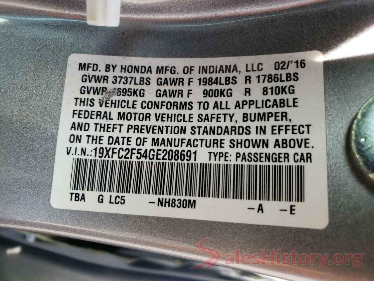 19XFC2F54GE208691 2016 HONDA CIVIC