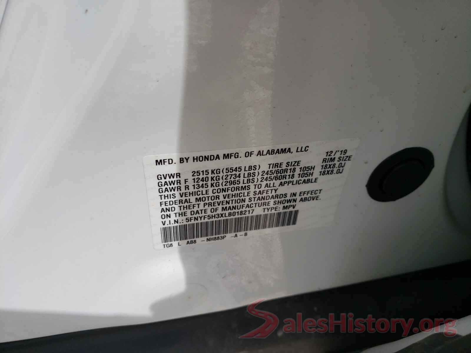 5FNYF5H3XLB018217 2020 HONDA PILOT