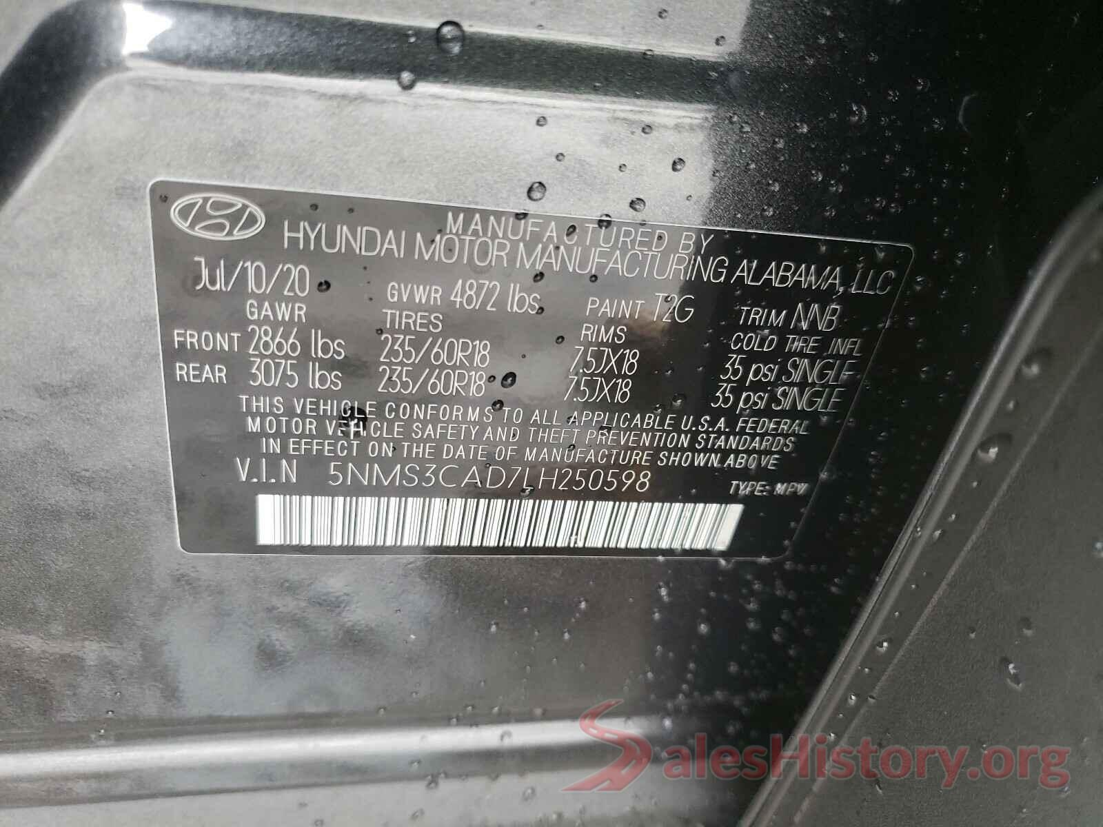 5NMS3CAD7LH250598 2020 HYUNDAI SANTA FE