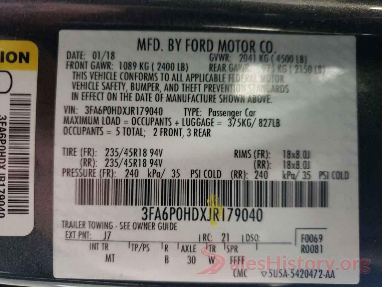 3FA6P0HDXJR179040 2018 FORD FUSION