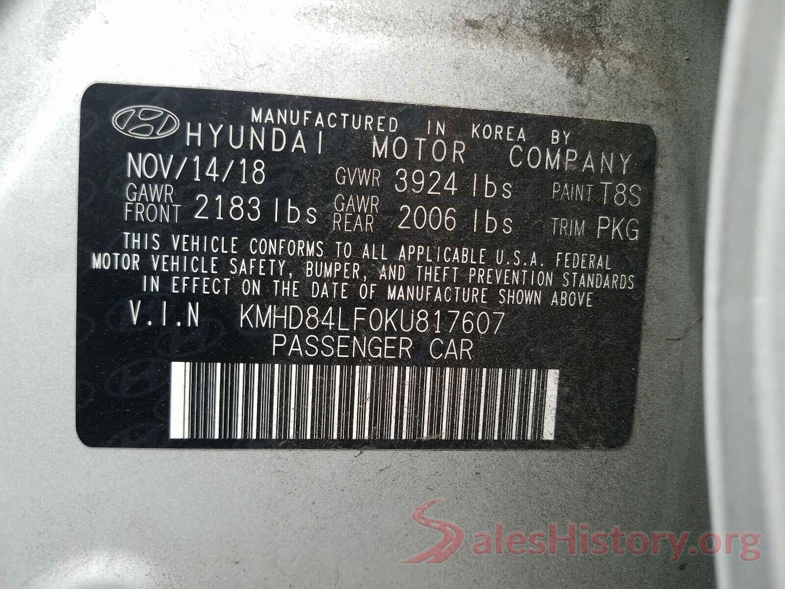 KMHD84LF0KU817607 2019 HYUNDAI ELANTRA