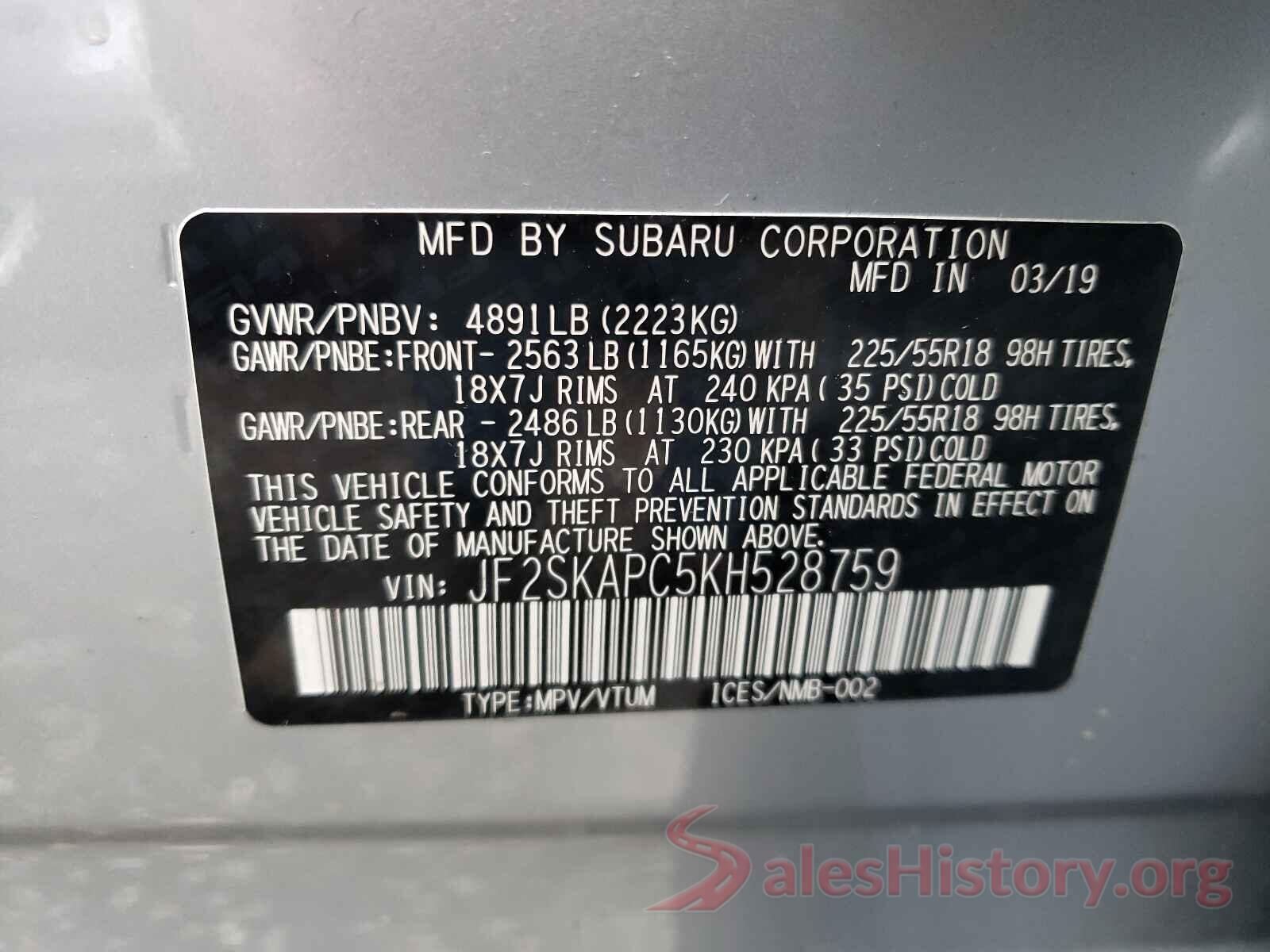 JF2SKAPC5KH528759 2019 SUBARU FORESTER