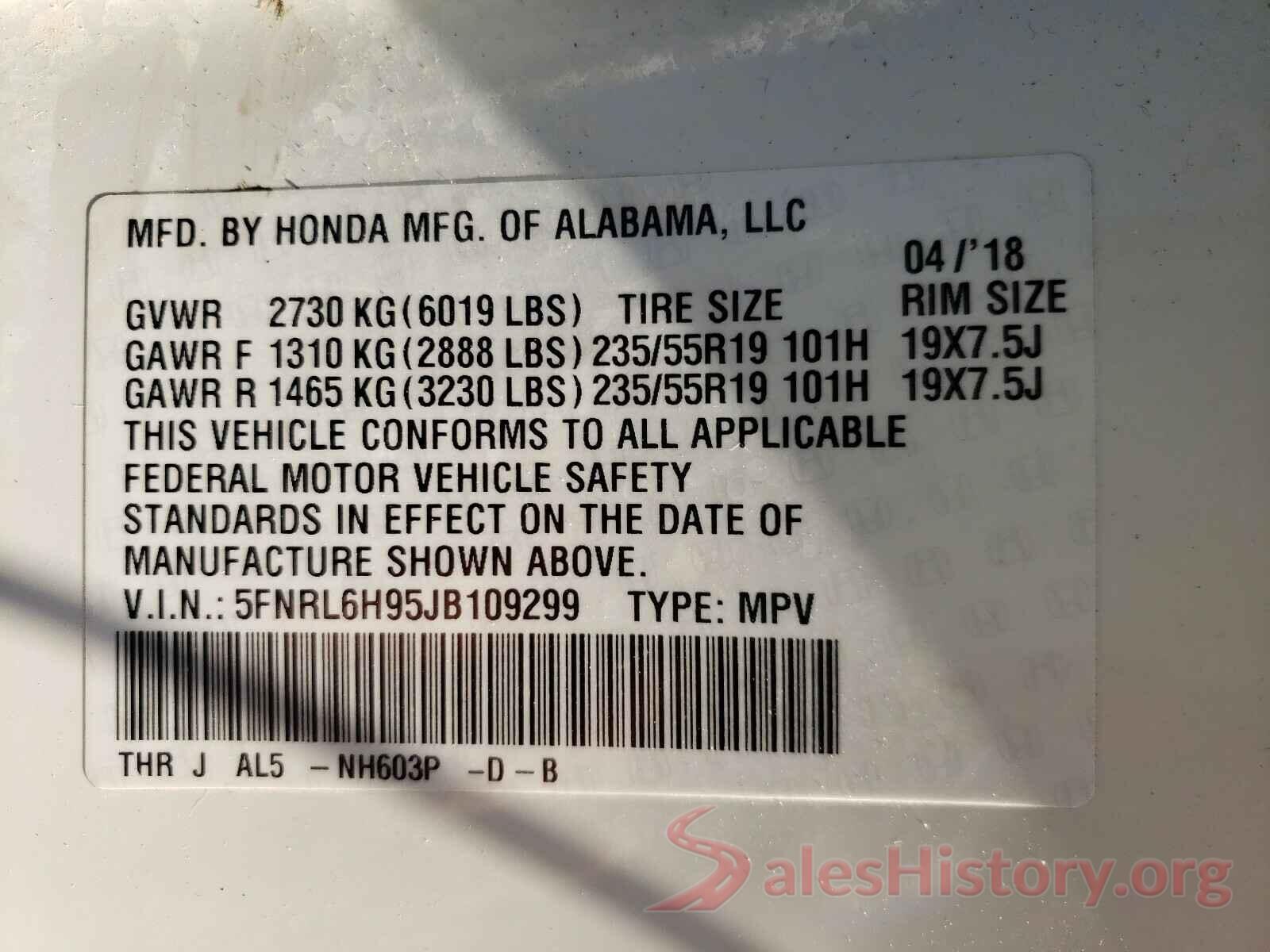 5FNRL6H95JB109299 2018 HONDA ODYSSEY