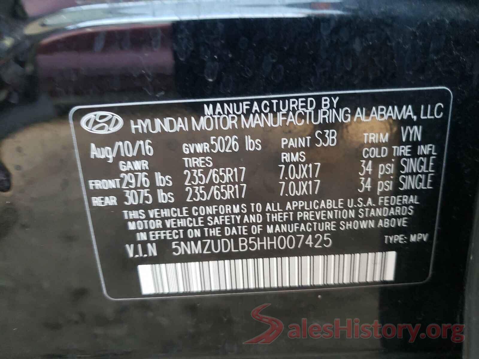 5NMZUDLB5HH007425 2017 HYUNDAI SANTA FE