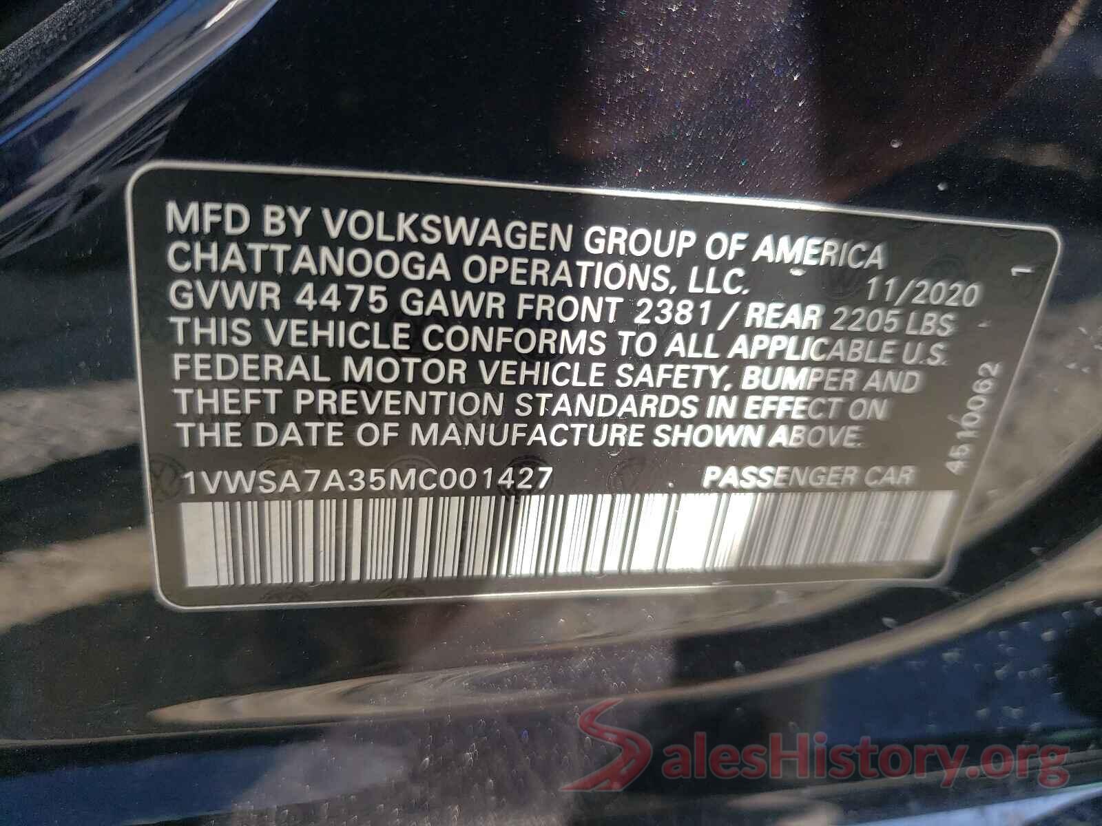 1VWSA7A35MC001427 2021 VOLKSWAGEN PASSAT