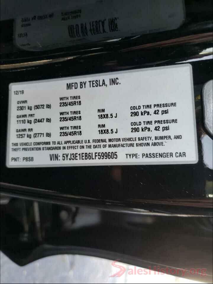 5YJ3E1EB6LF599605 2020 TESLA MODEL 3