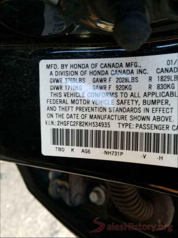 2HGFC2F82KH534935 2019 HONDA CIVIC