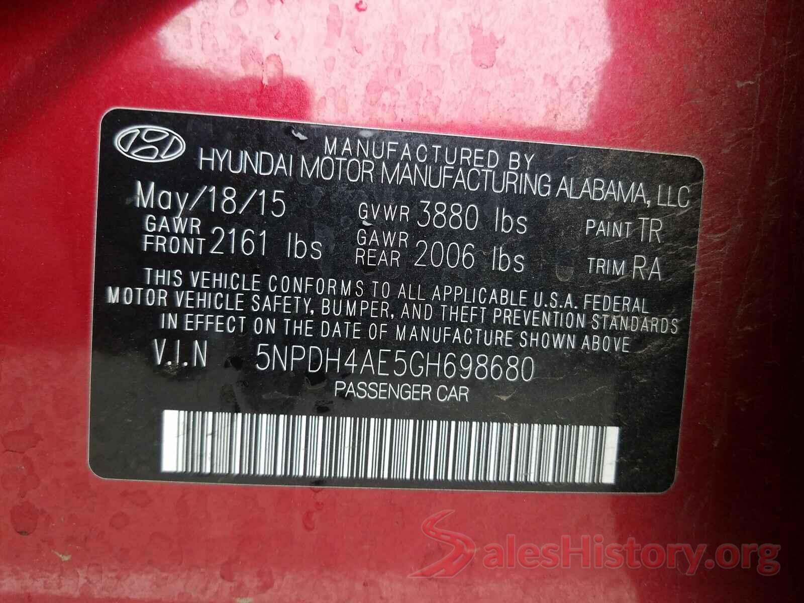 5NPDH4AE5GH698680 2016 HYUNDAI ELANTRA