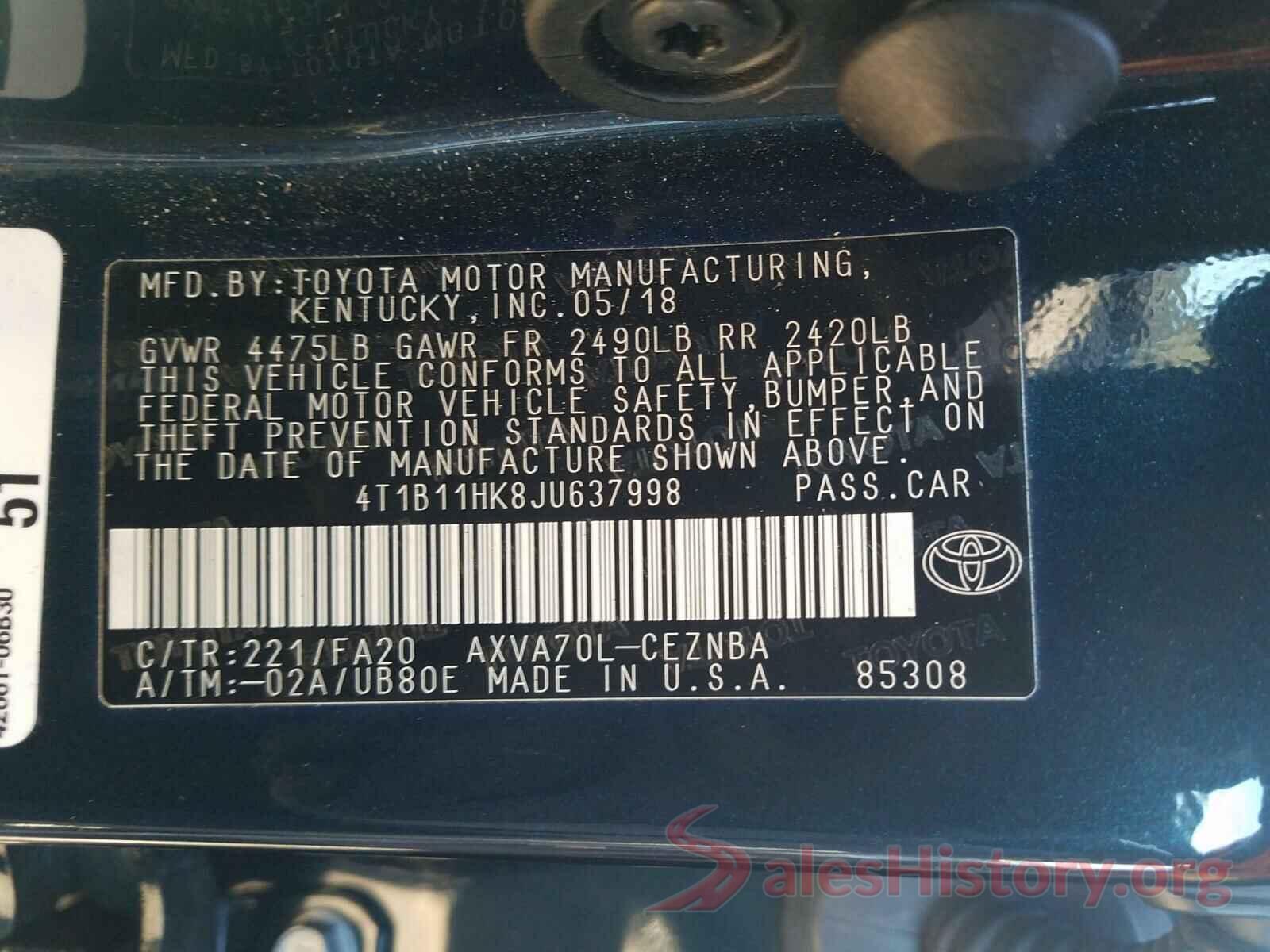 4T1B11HK8JU637998 2018 TOYOTA CAMRY