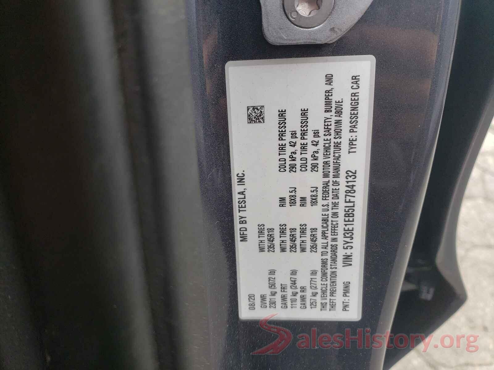 5YJ3E1EB5LF784132 2020 TESLA MODEL 3