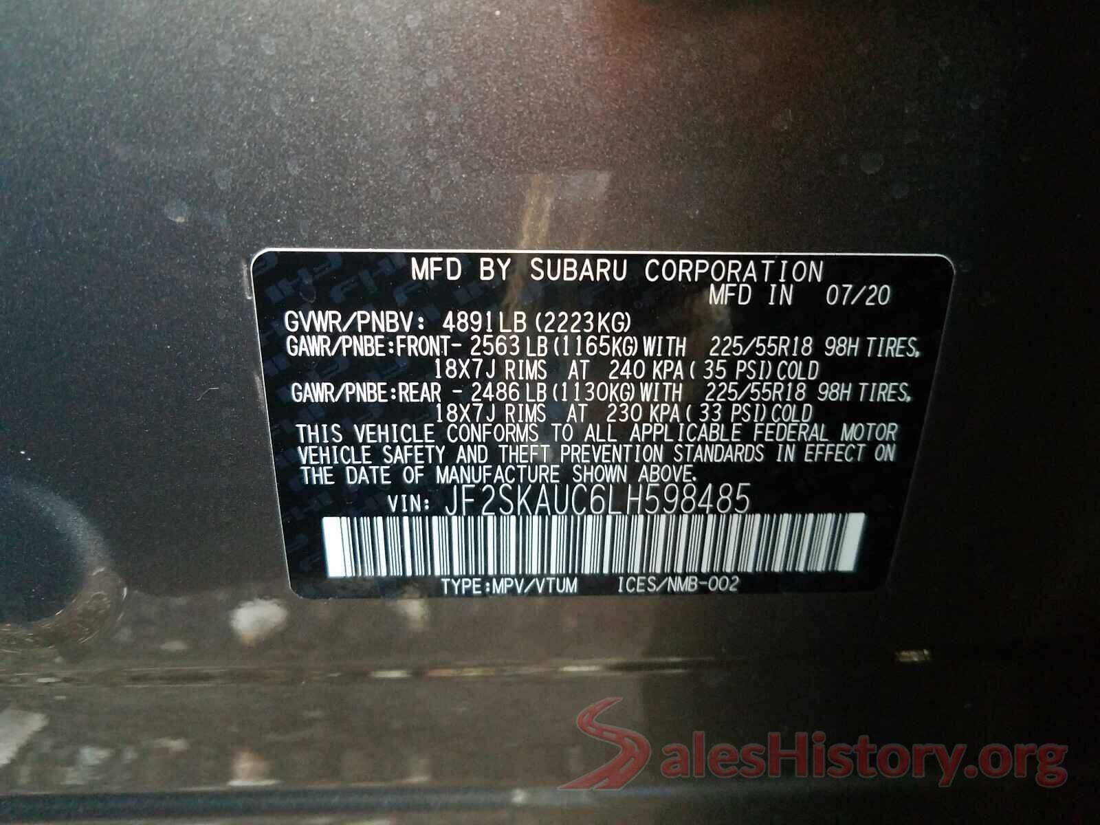 JF2SKAUC6LH598485 2020 SUBARU FORESTER