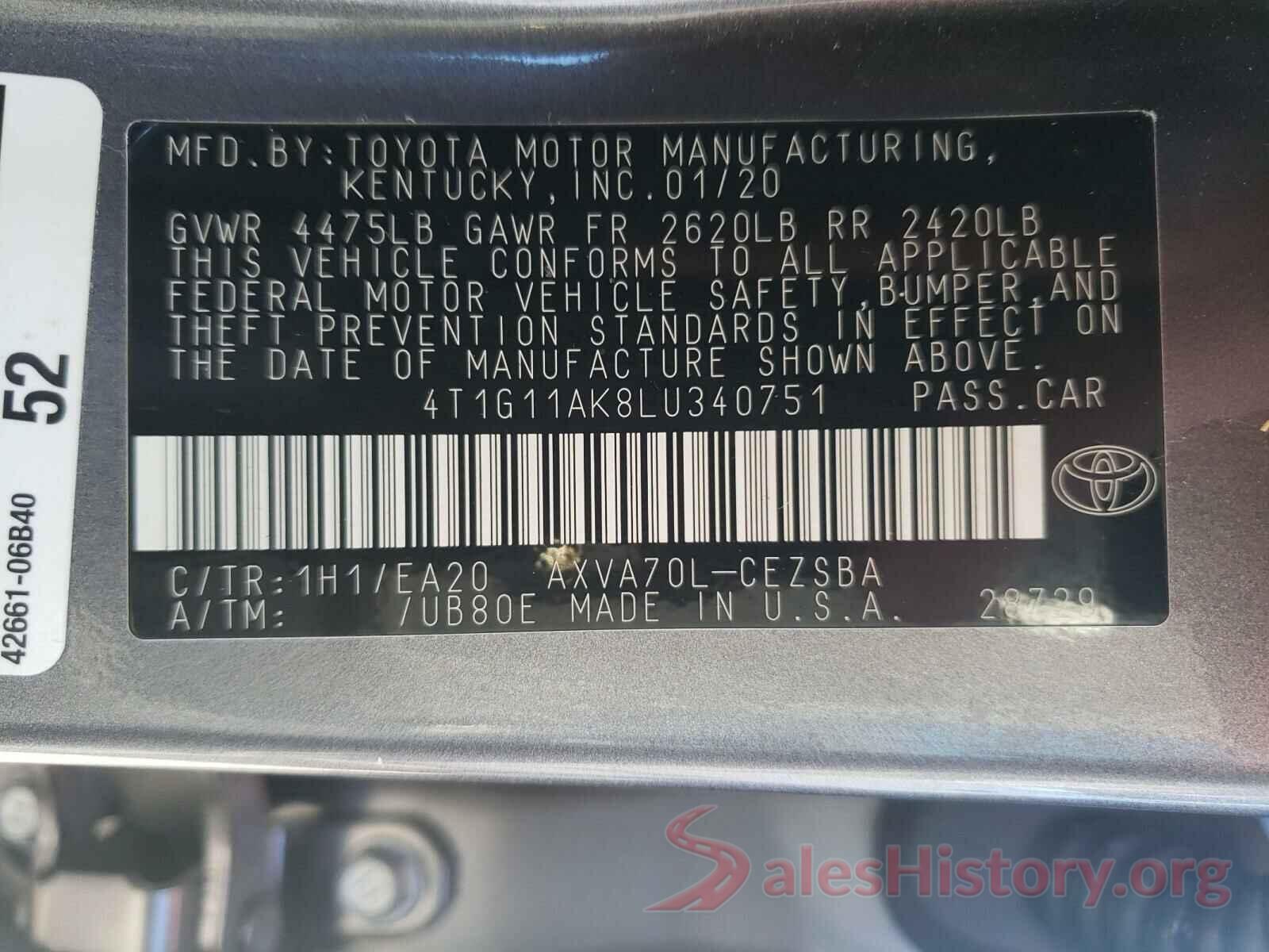 4T1G11AK8LU340751 2020 TOYOTA CAMRY