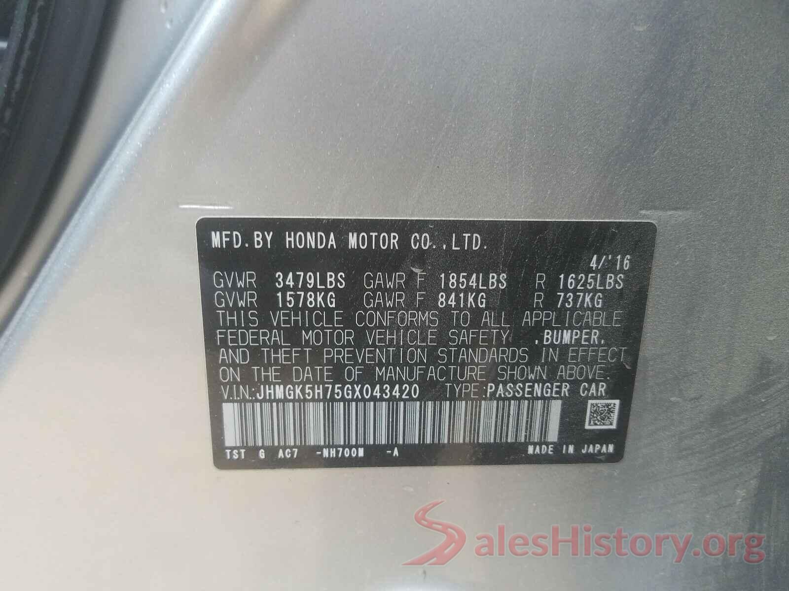 JHMGK5H75GX043420 2016 HONDA FIT