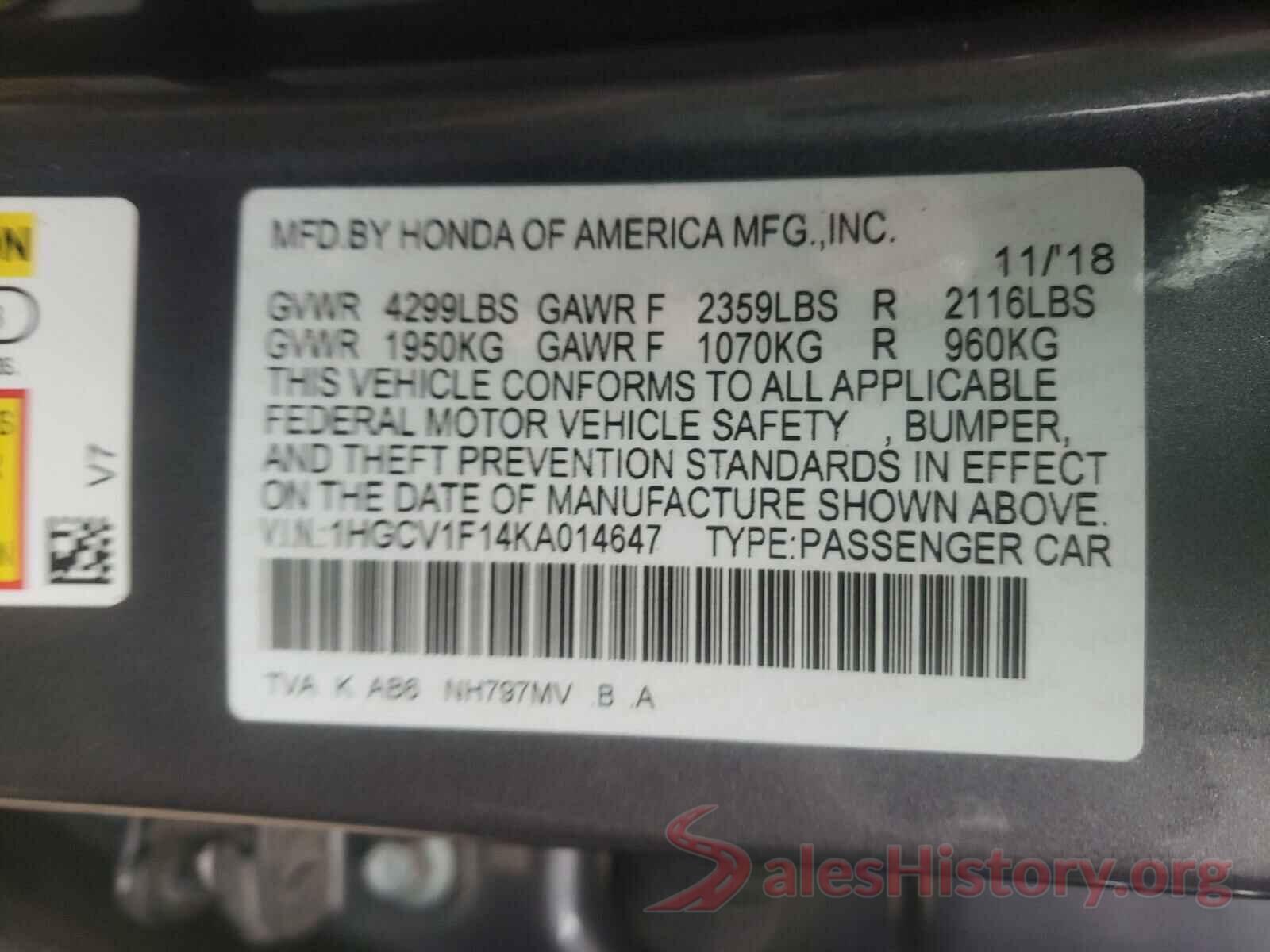 1HGCV1F14KA014647 2019 HONDA ACCORD