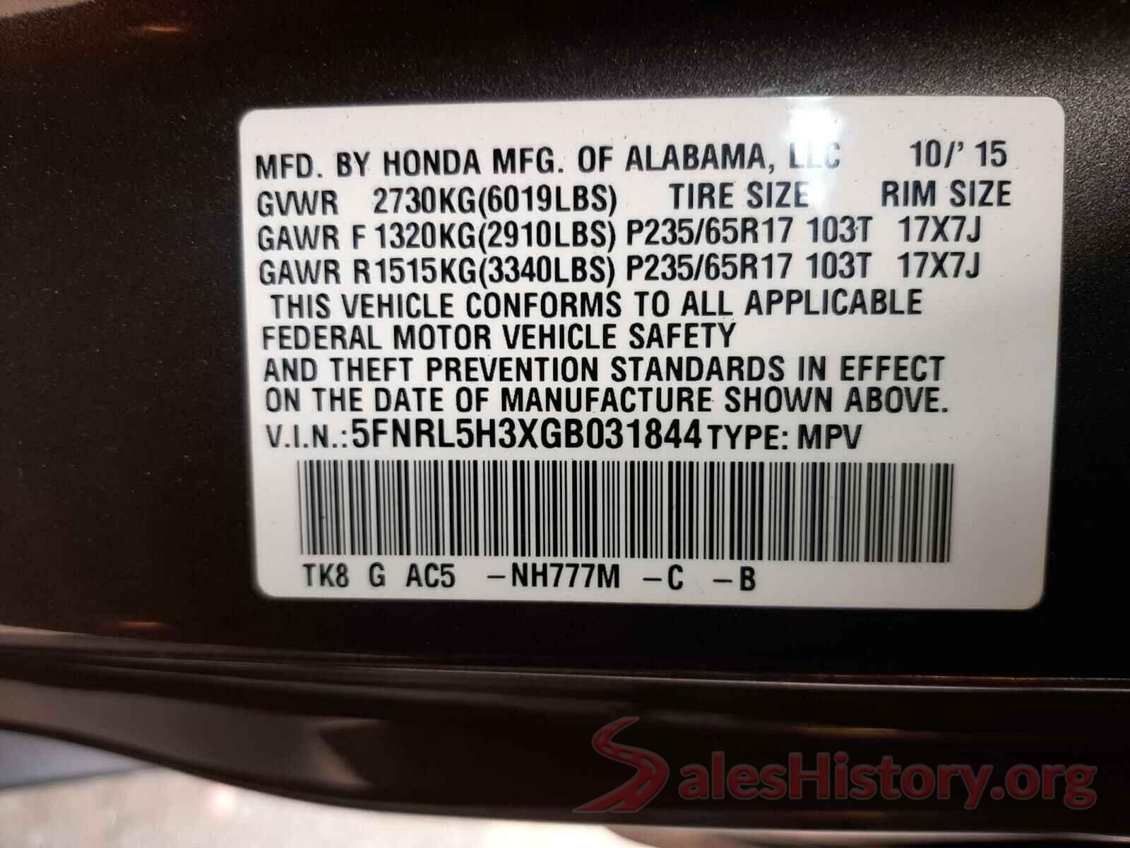 5FNRL5H3XGB031844 2016 HONDA ODYSSEY