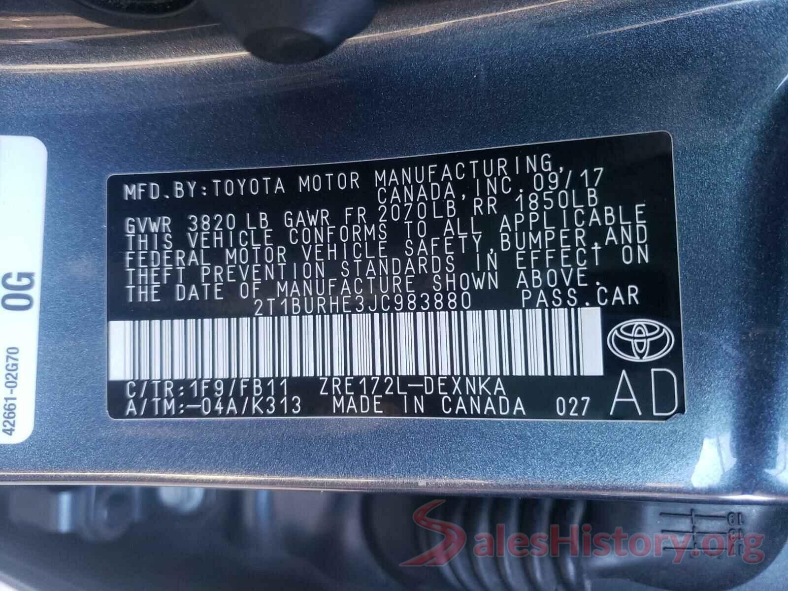 2T1BURHE3JC983880 2018 TOYOTA COROLLA