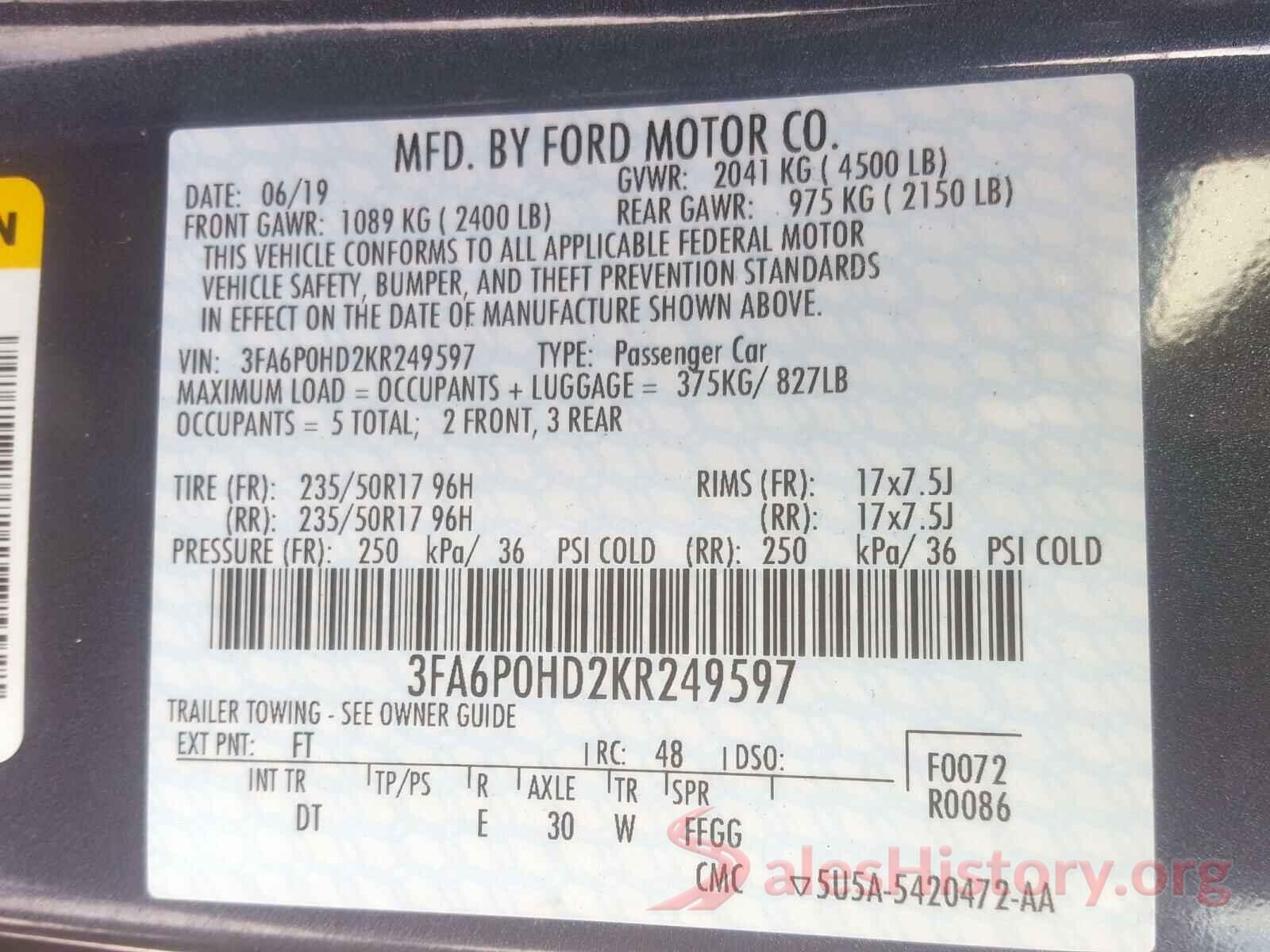 3FA6P0HD2KR249597 2019 FORD FUSION