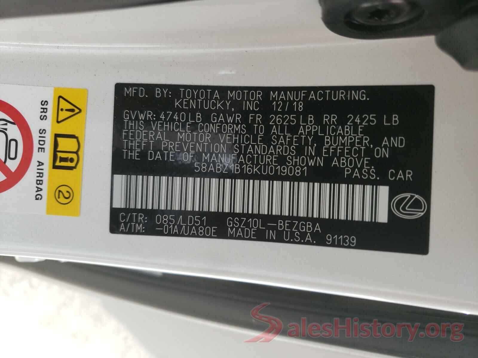 58ABZ1B16KU019081 2019 LEXUS ES350