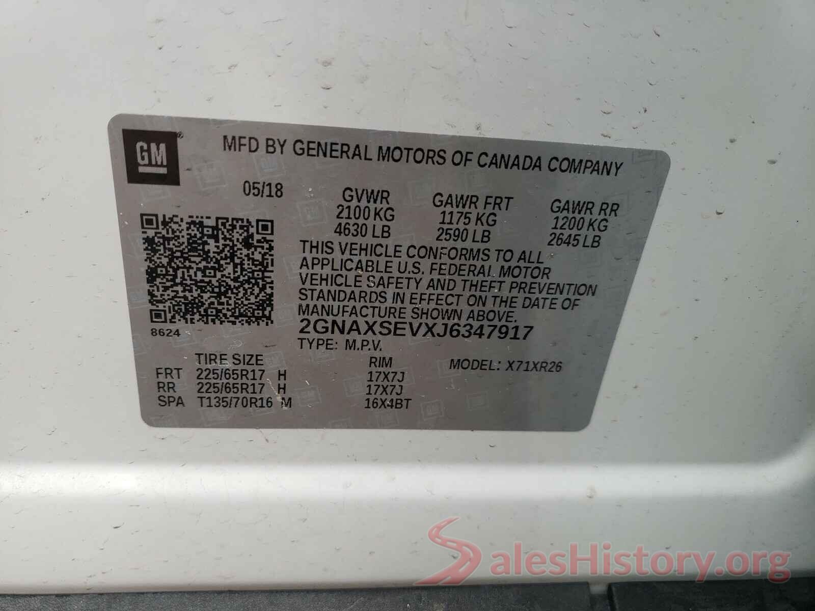 2GNAXSEVXJ6347917 2018 CHEVROLET EQUINOX