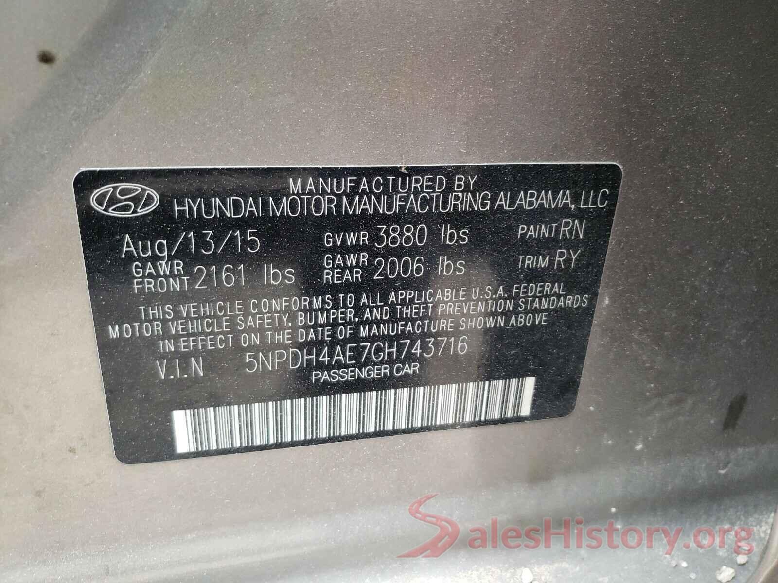 5NPDH4AE7GH743716 2016 HYUNDAI ELANTRA