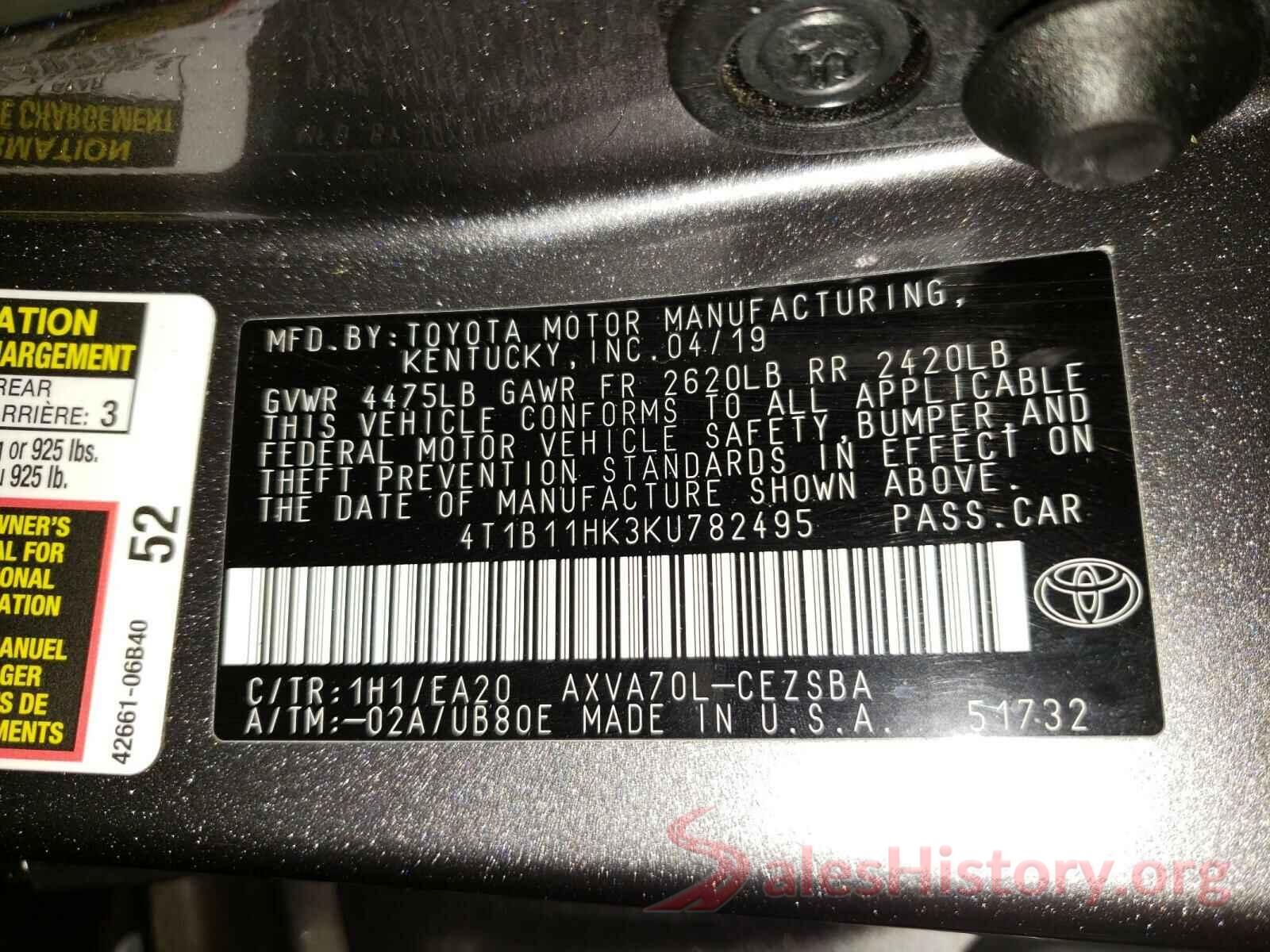 4T1B11HK3KU782495 2019 TOYOTA CAMRY