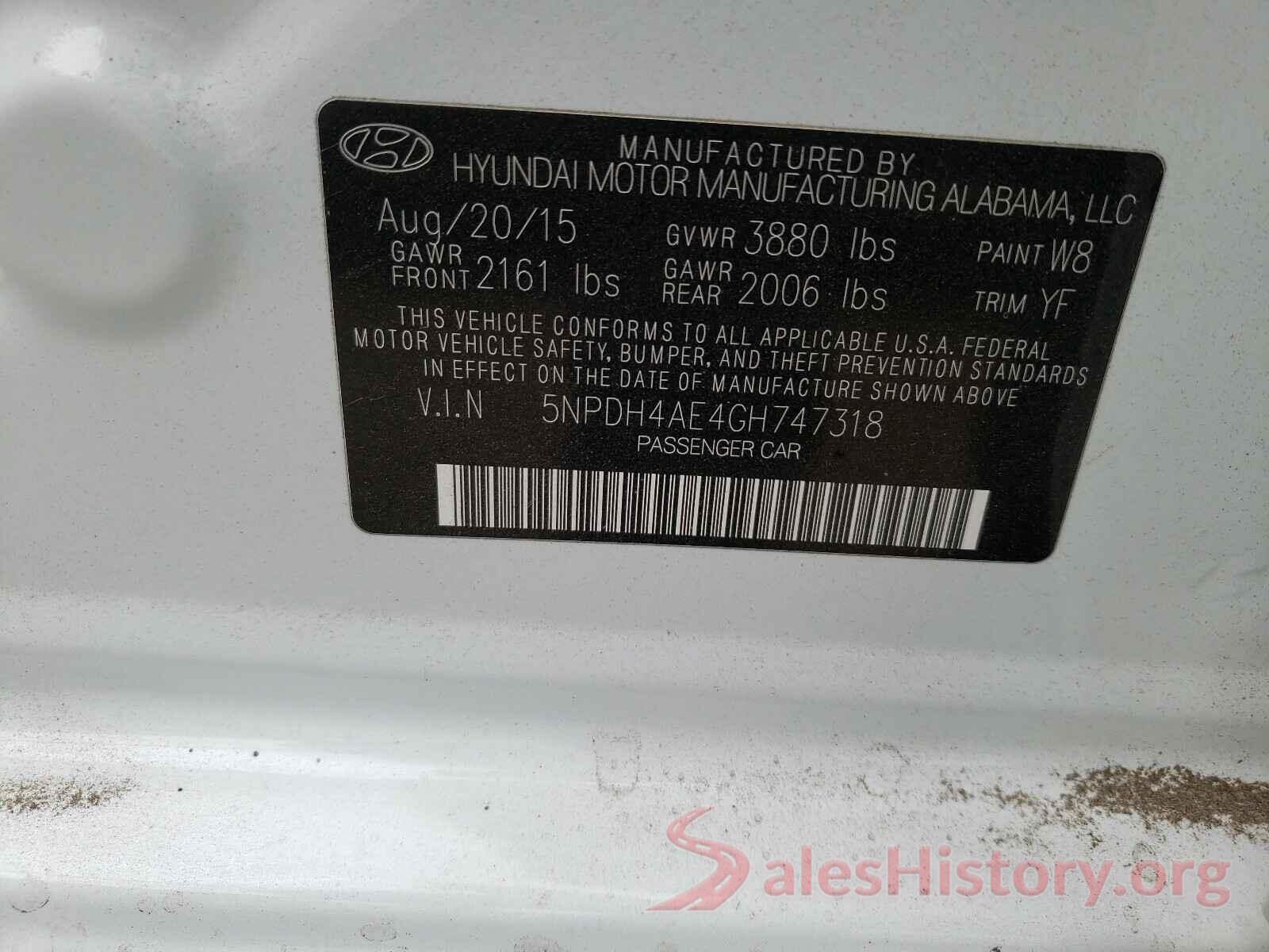 5NPDH4AE4GH747318 2016 HYUNDAI ELANTRA