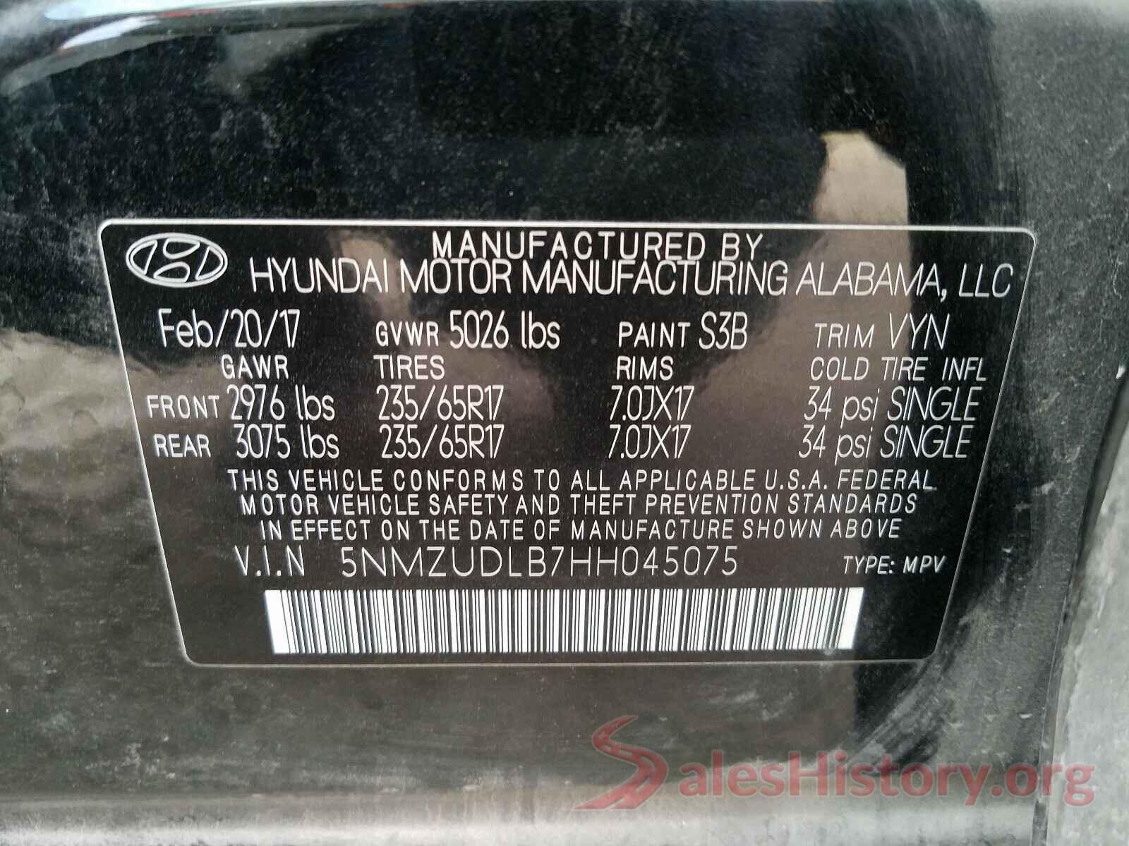 5NMZUDLB7HH045075 2017 HYUNDAI SANTA FE