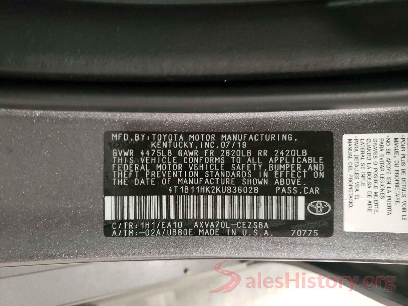 4T1B11HK2KU836028 2019 TOYOTA CAMRY