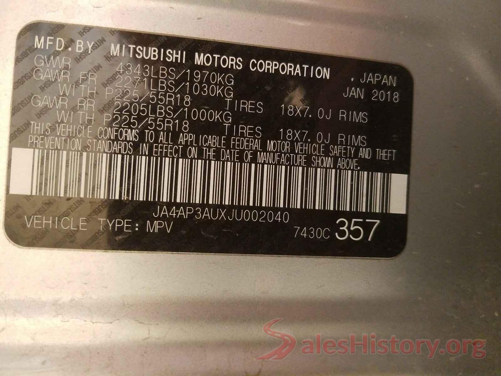 JA4AP3AUXJU002040 2018 MITSUBISHI OUTLANDER