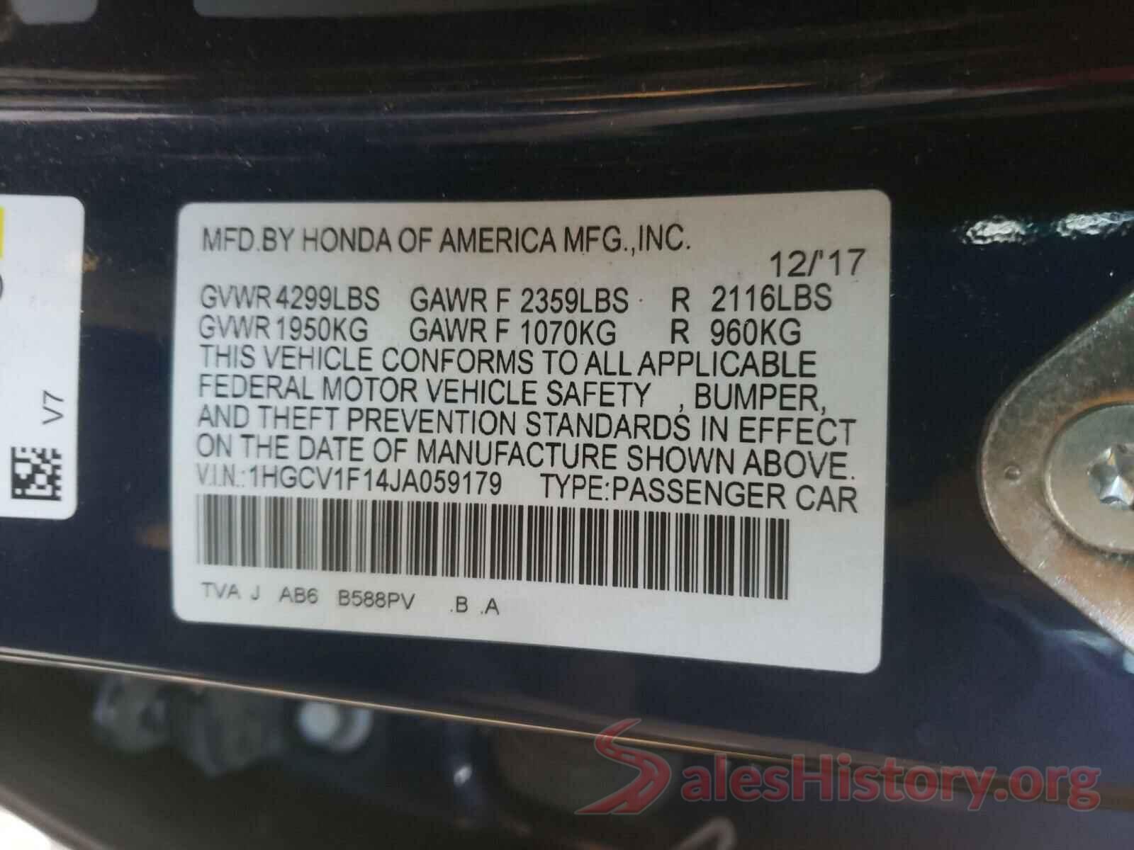 1HGCV1F14JA059179 2018 HONDA ACCORD