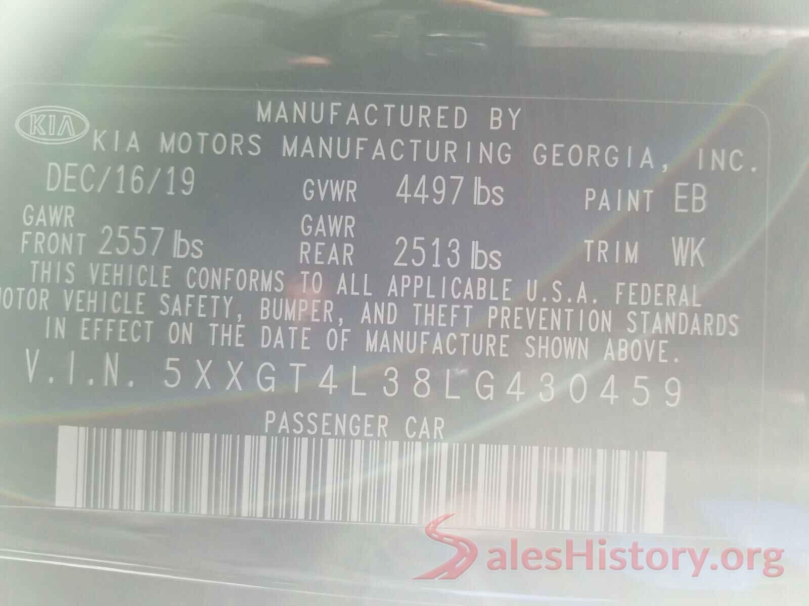 5XXGT4L38LG430459 2020 KIA OPTIMA