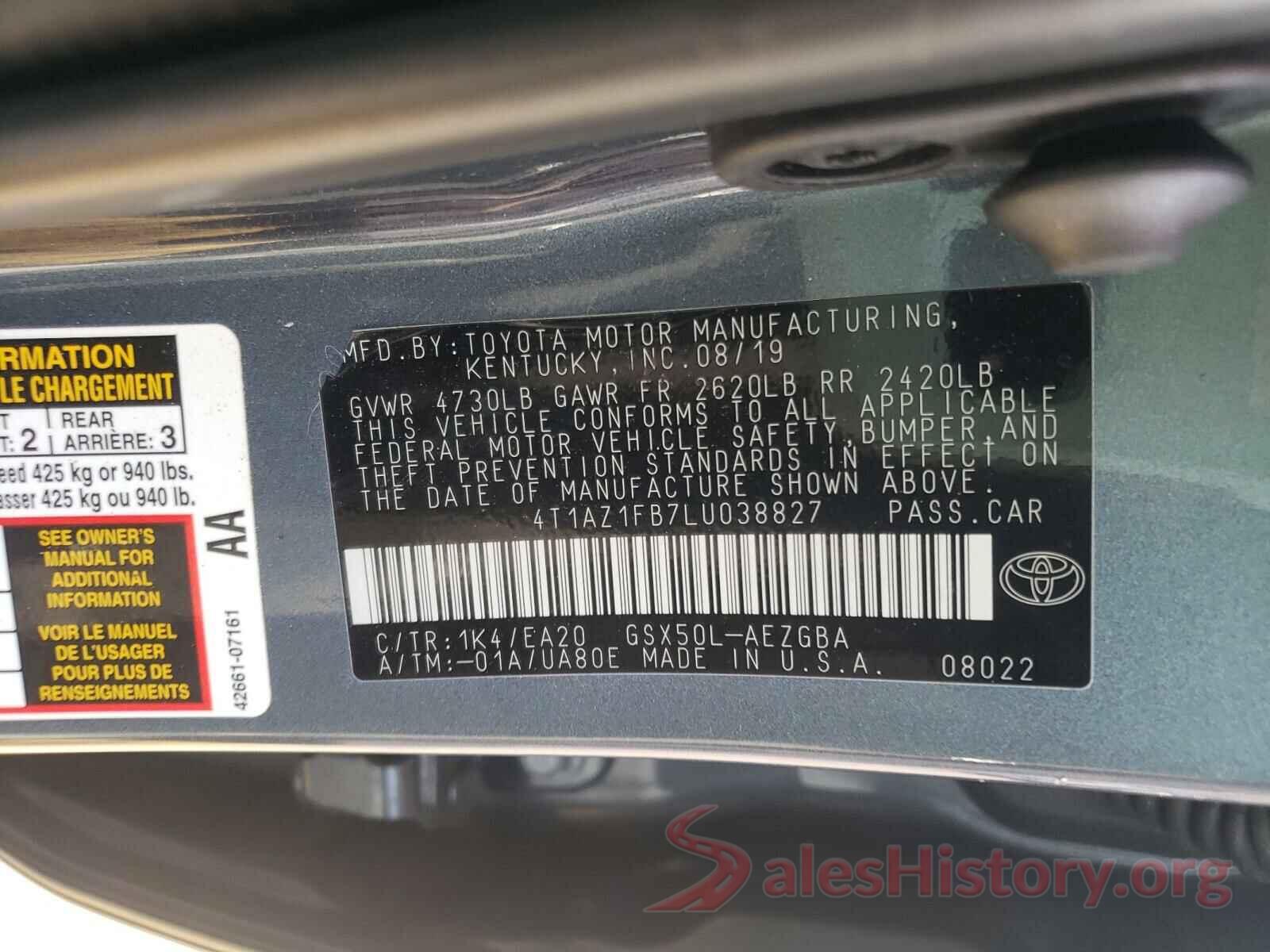 4T1AZ1FB7LU038827 2020 TOYOTA AVALON