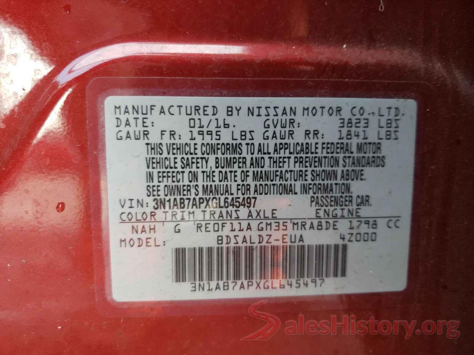 3N1AB7APXGL645497 2016 NISSAN SENTRA