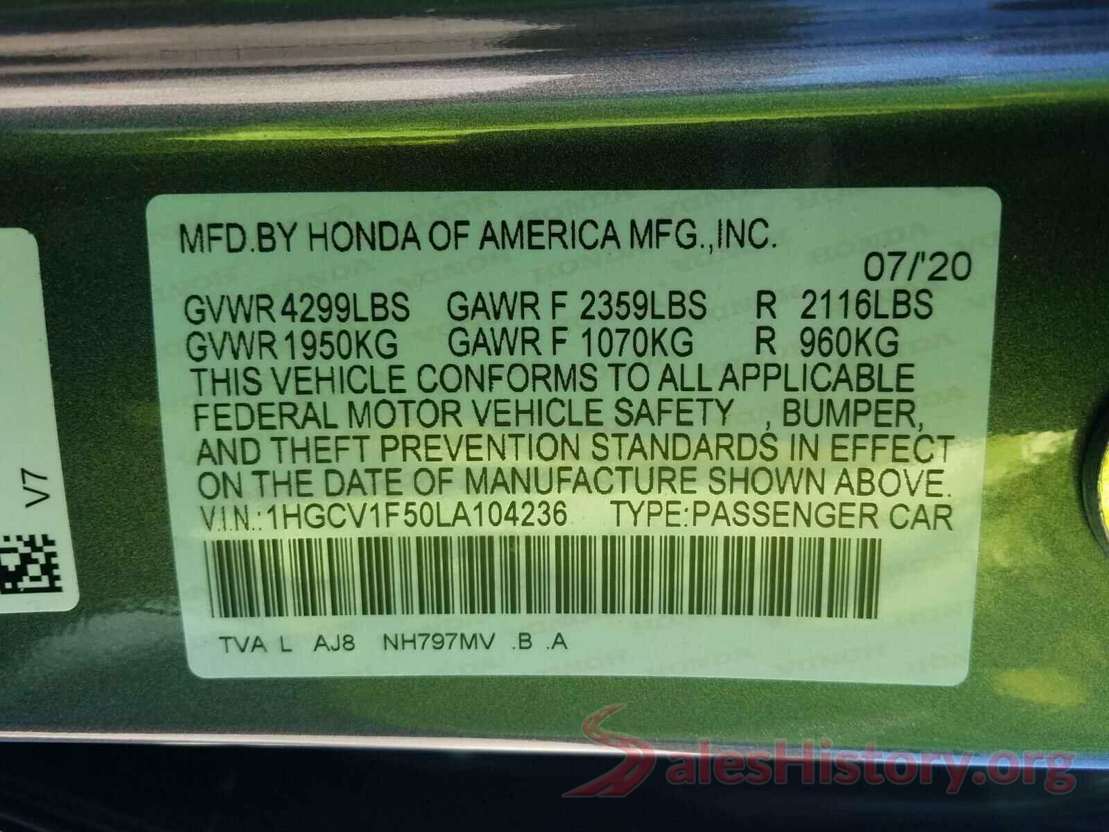 1HGCV1F50LA104236 2020 HONDA ACCORD