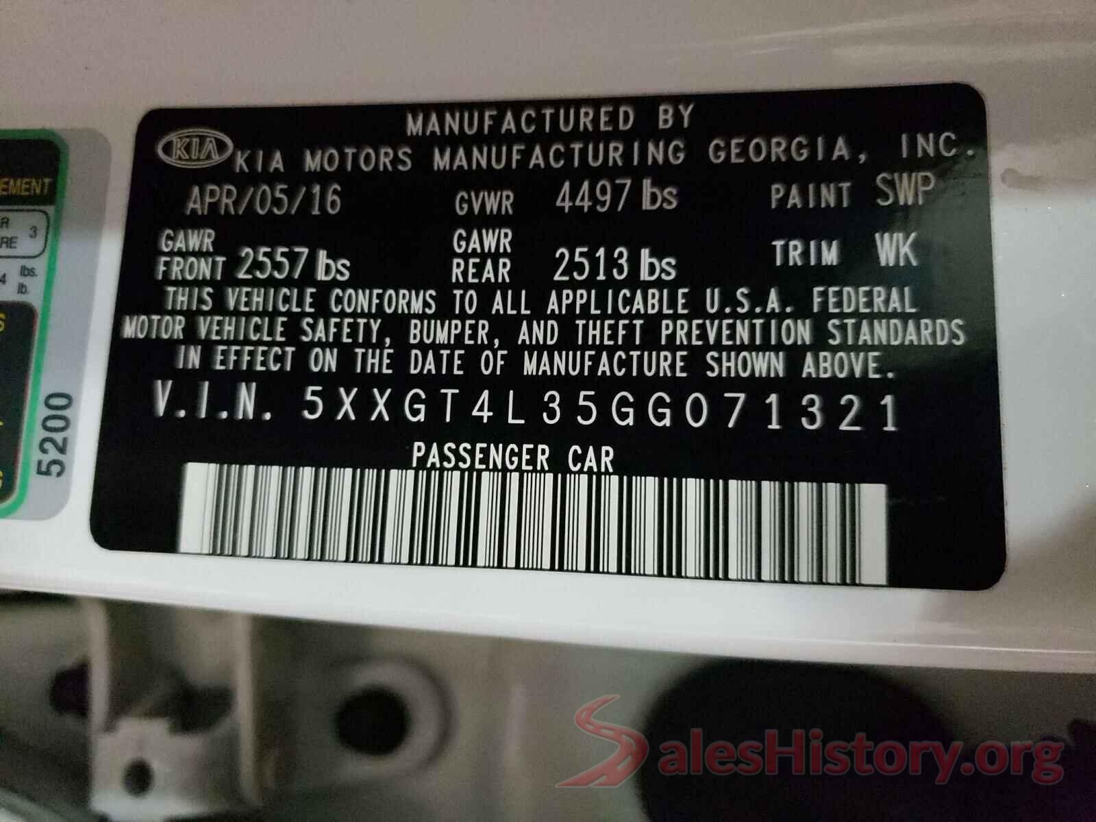 5XXGT4L35GG071321 2016 KIA OPTIMA