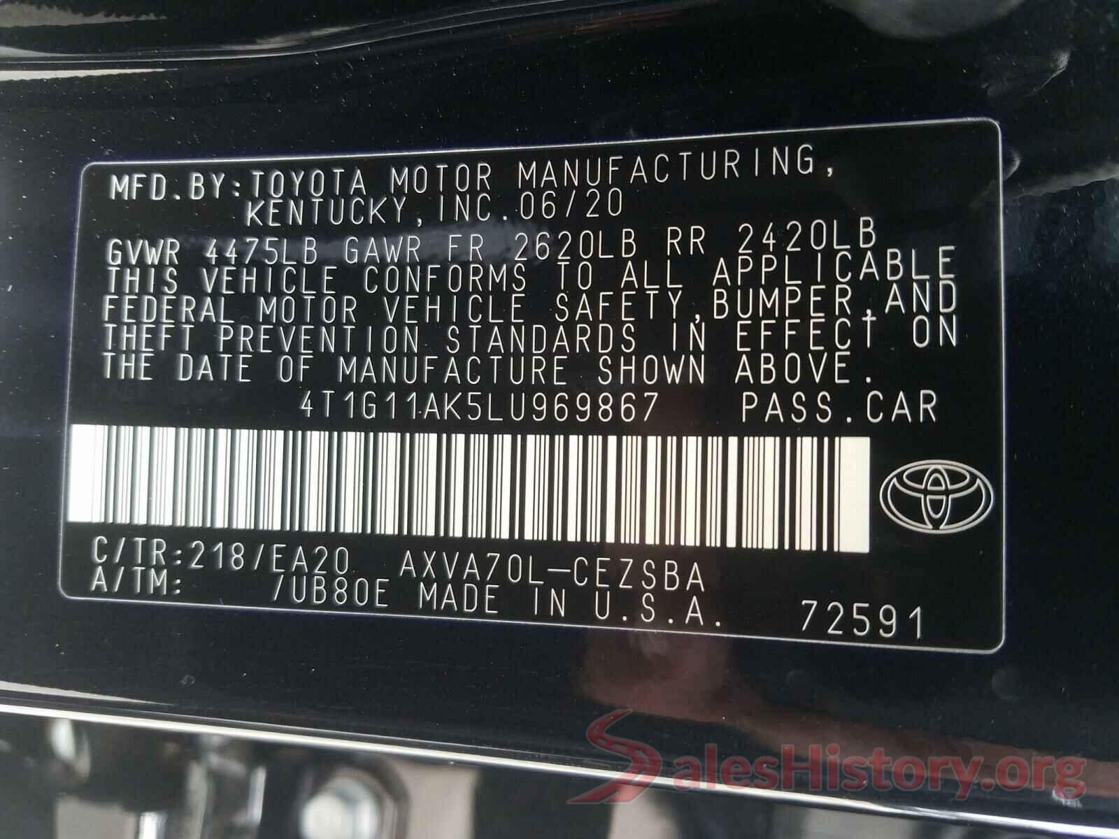 4T1G11AK5LU969867 2020 TOYOTA CAMRY