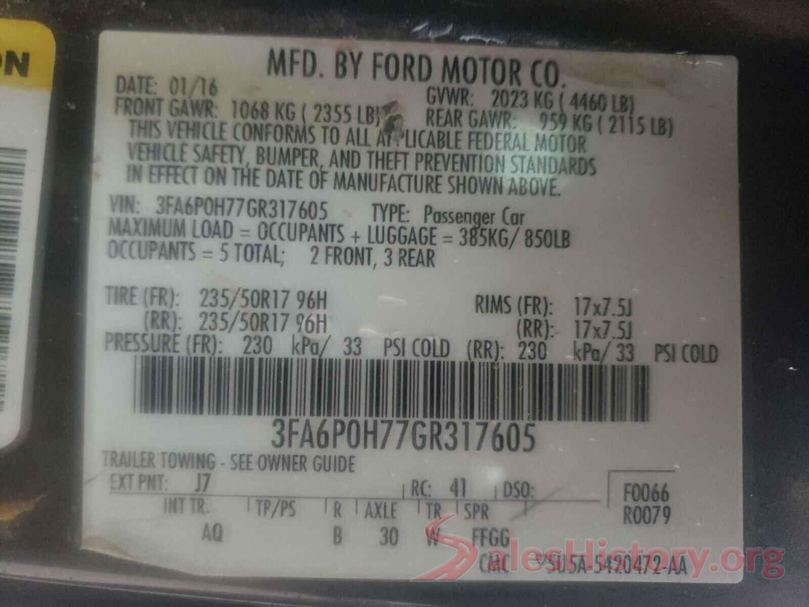 3FA6P0H77GR317605 2016 FORD FUSION